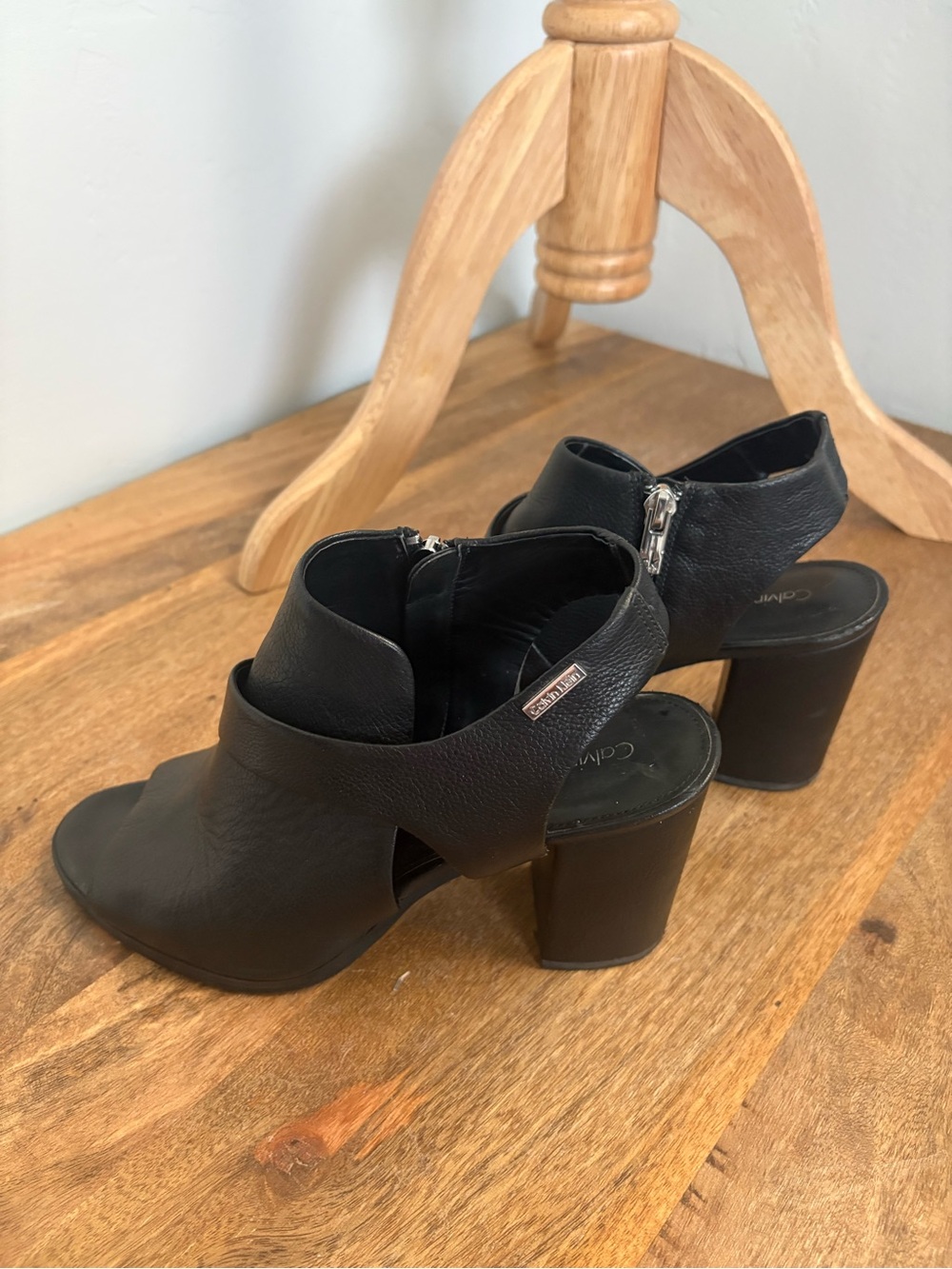 Calvin Klein Black Leather Peep-Toe Block Heel Sandals